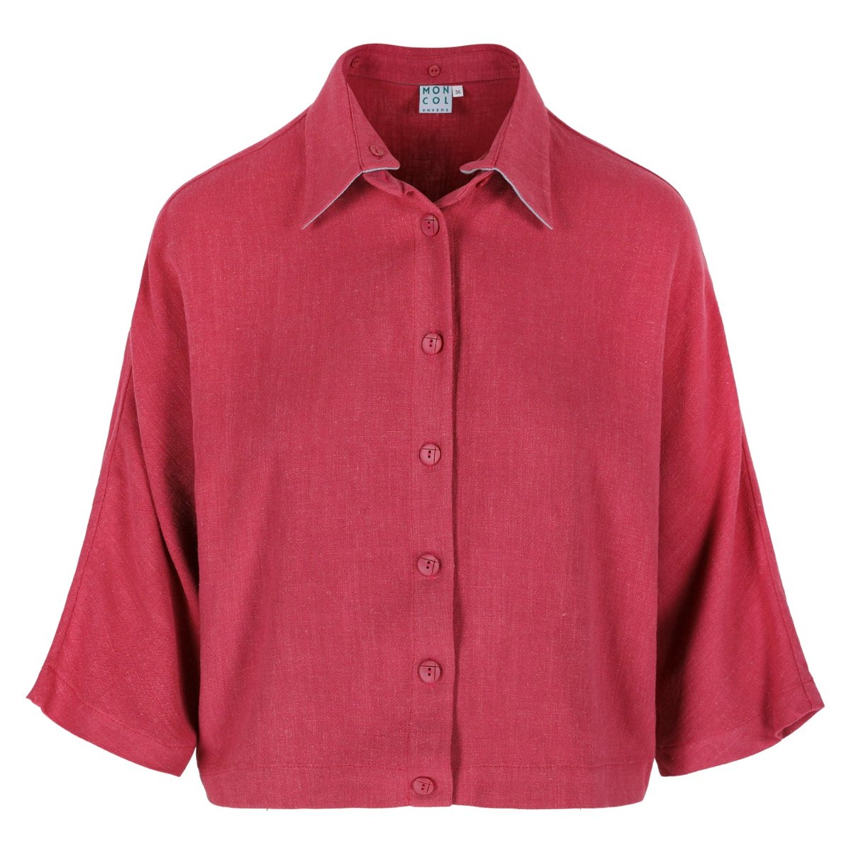 A magenta shirt with the collar folded flat, a thin grey edge showing