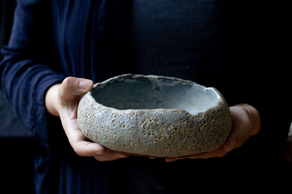 The Meteorite bowl, hand-pinched from a single ball of clay.