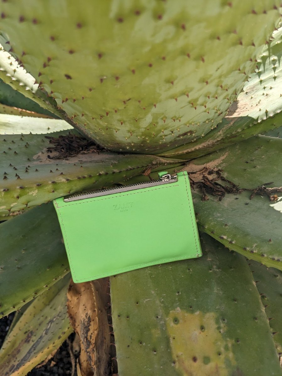 The Nuri card holder in fluorescent green, wedged into thick spiny leaves.