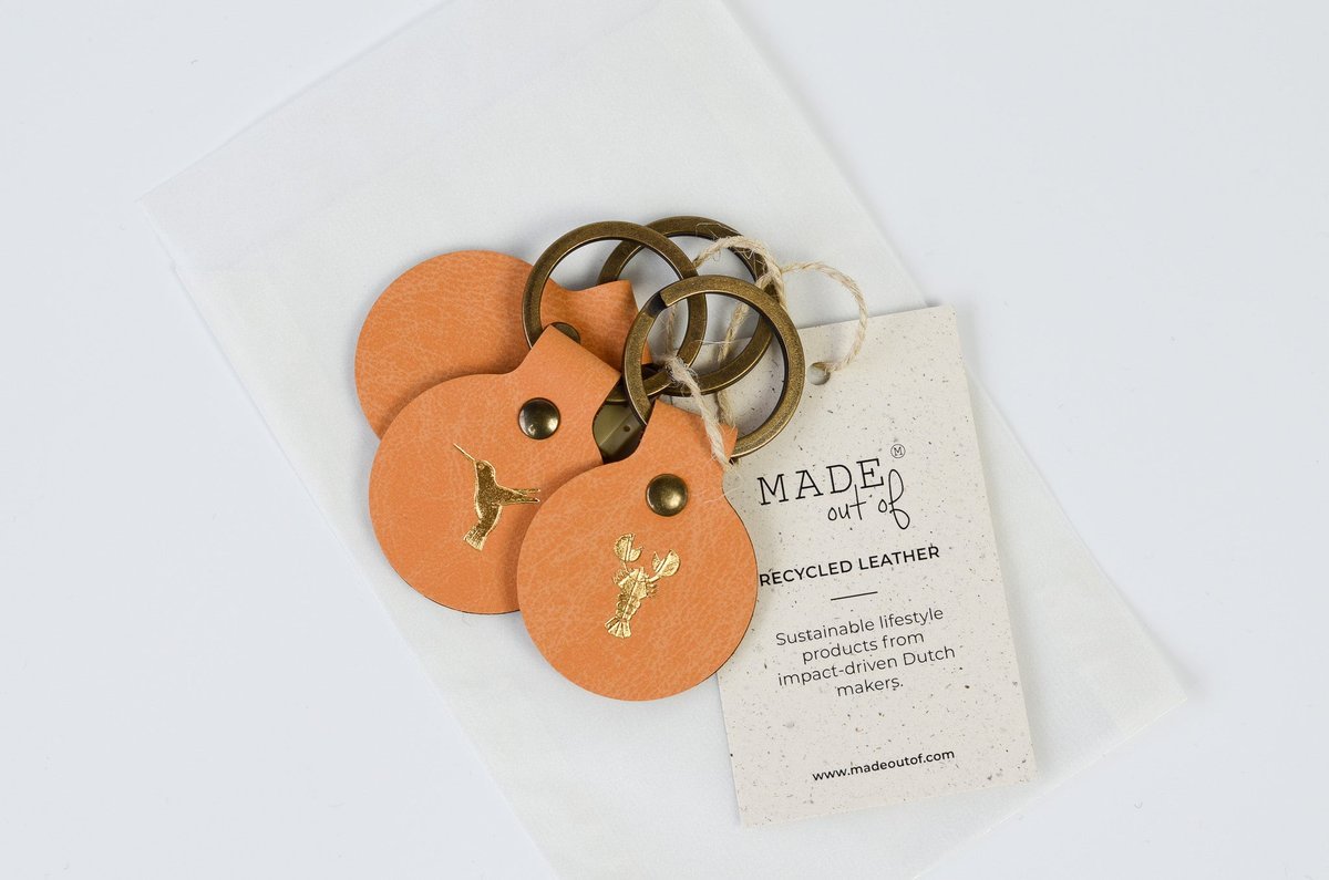 Keyrings cut from offcuts of apple leather from the brand's own production