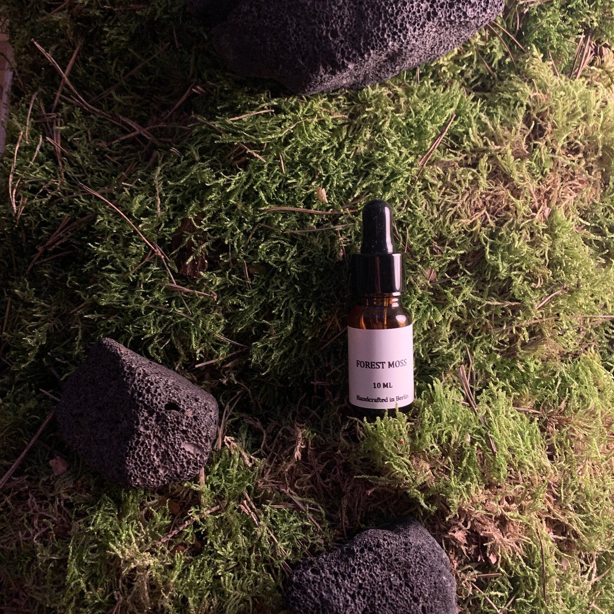 The Forest Moss bottle set down on moss, between two pieces of volcanic rock