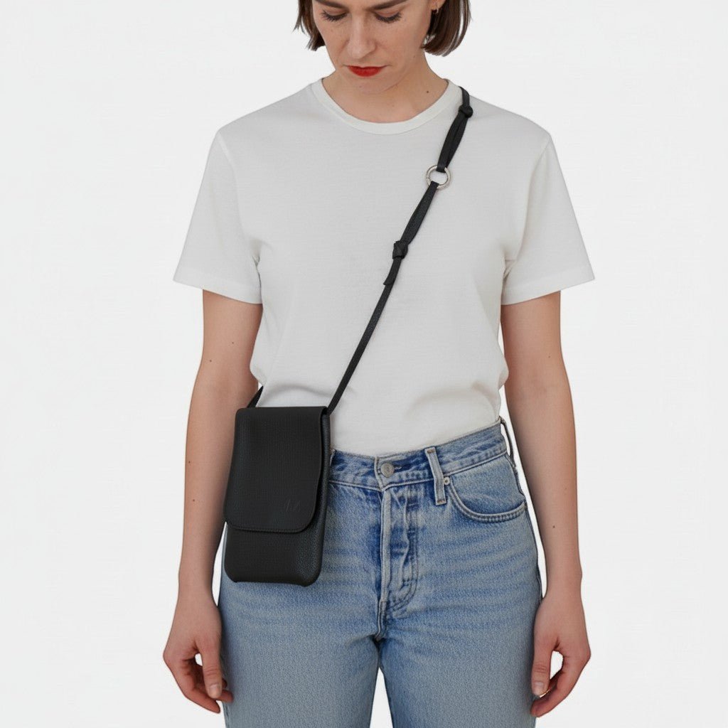 A belt bag with a hidden pocket for a phone, made in Braga.
