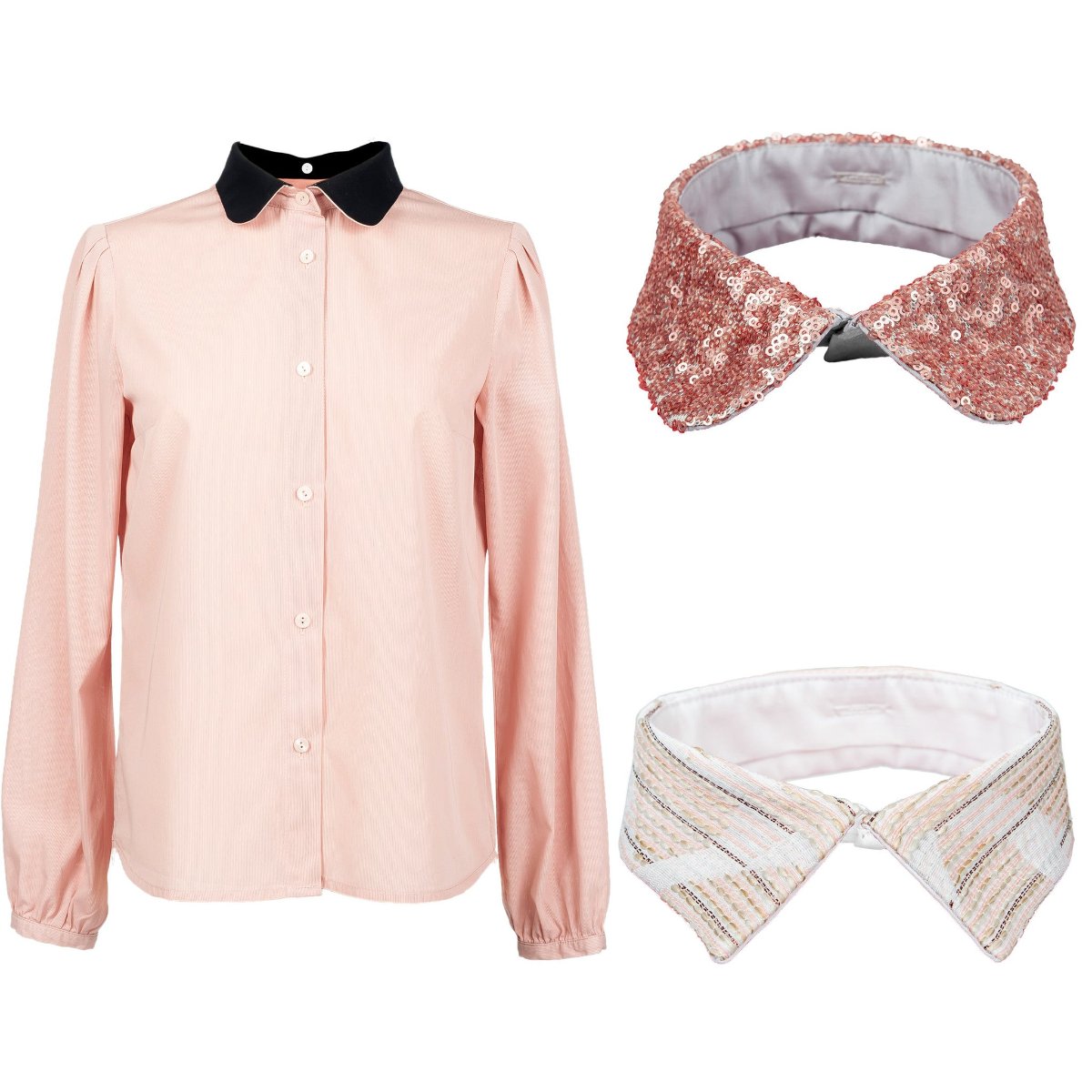 A pink blouse with a black collar, two loose collars laid beside it