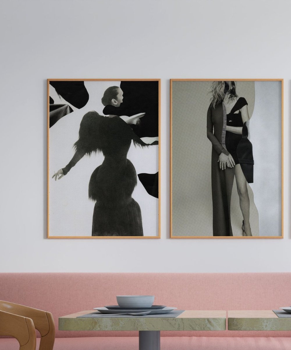 Two of Antonia Wechner's photographs, framed, on the wall above a bench in a room.