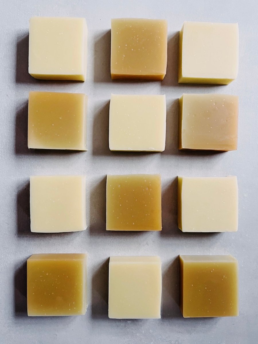 Twelve bars from one batch, laid out in rows, pale cream beside deep honey.