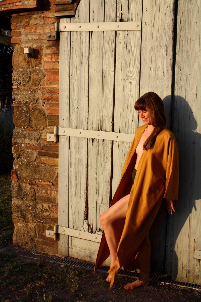 The cotton satin kimono in curry, made to order like the rest.