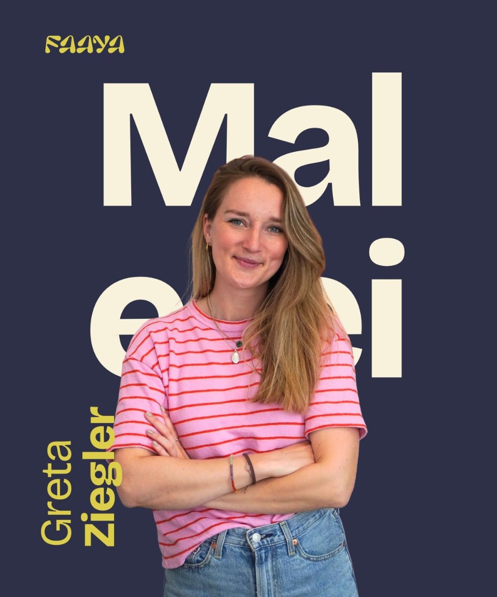 An artist card from the catalogue, Greta Ziegler photographed beside the single word Malerei, painting, the faaya wordmark in the top left corner.