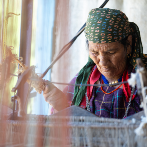 A woman in traditional Himachali dress spins raw fleece by hand at the wheel.