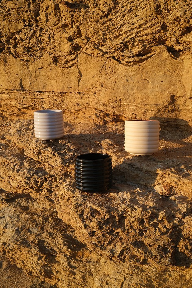 Three cups on the sandstone in late light.