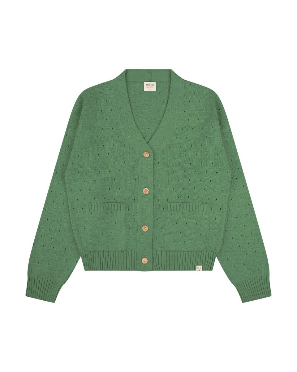 The spring cardigan, knitted in GOTS-certified cotton.
