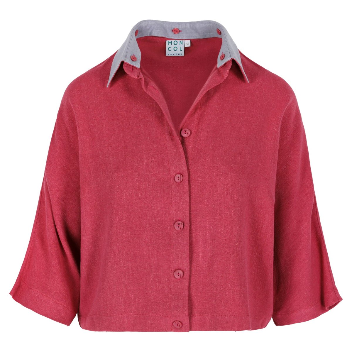 The same shirt, collar turned up, grey chambray taking over the neckline