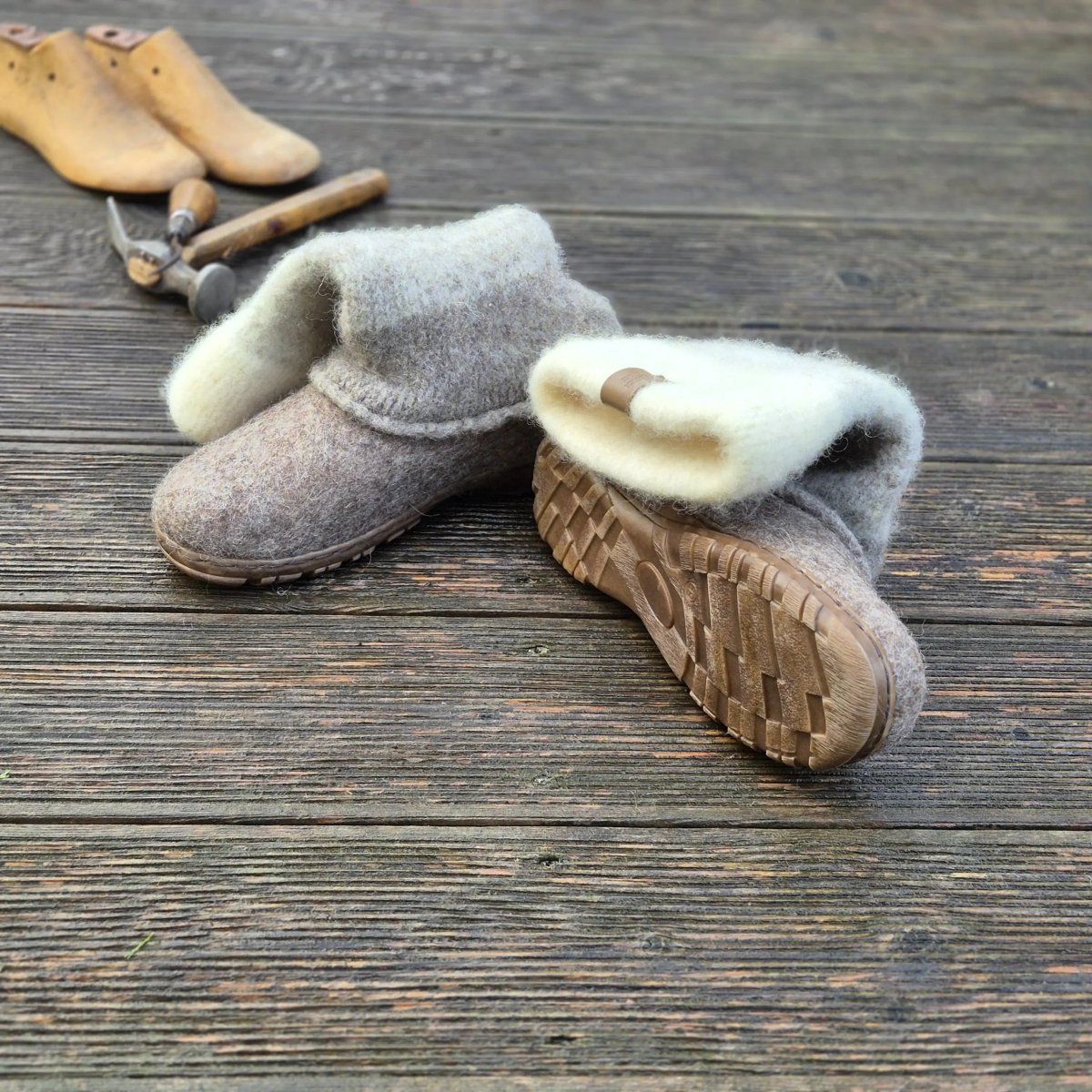 Felt wool ombre boots in undyed brown, soles stitched by hand