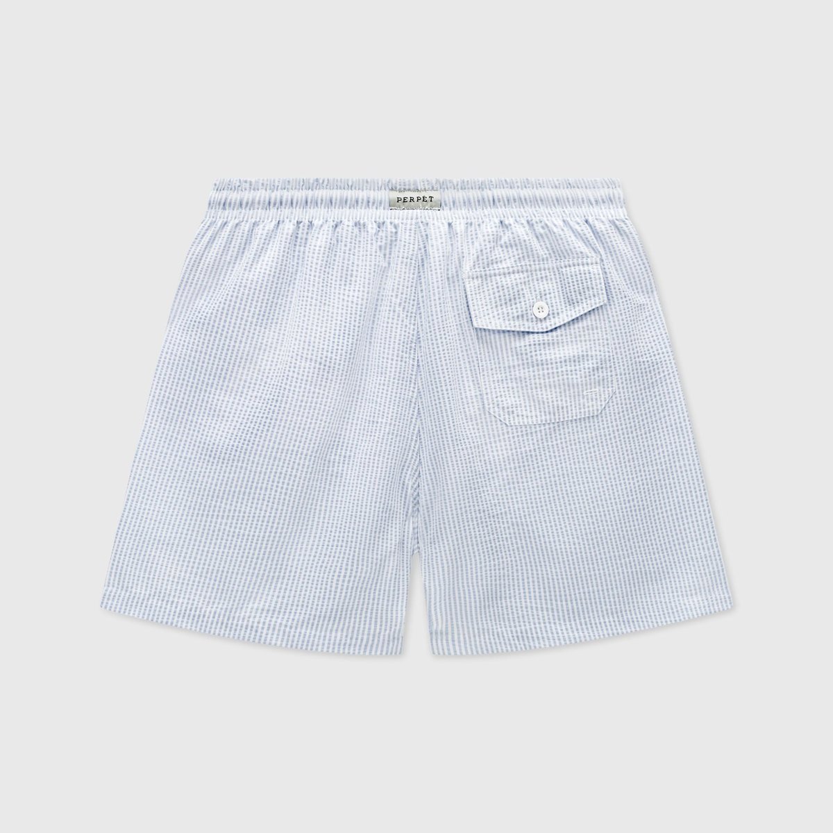 A Clásico swim short, sewn in Portugal from blue and white seersucker.