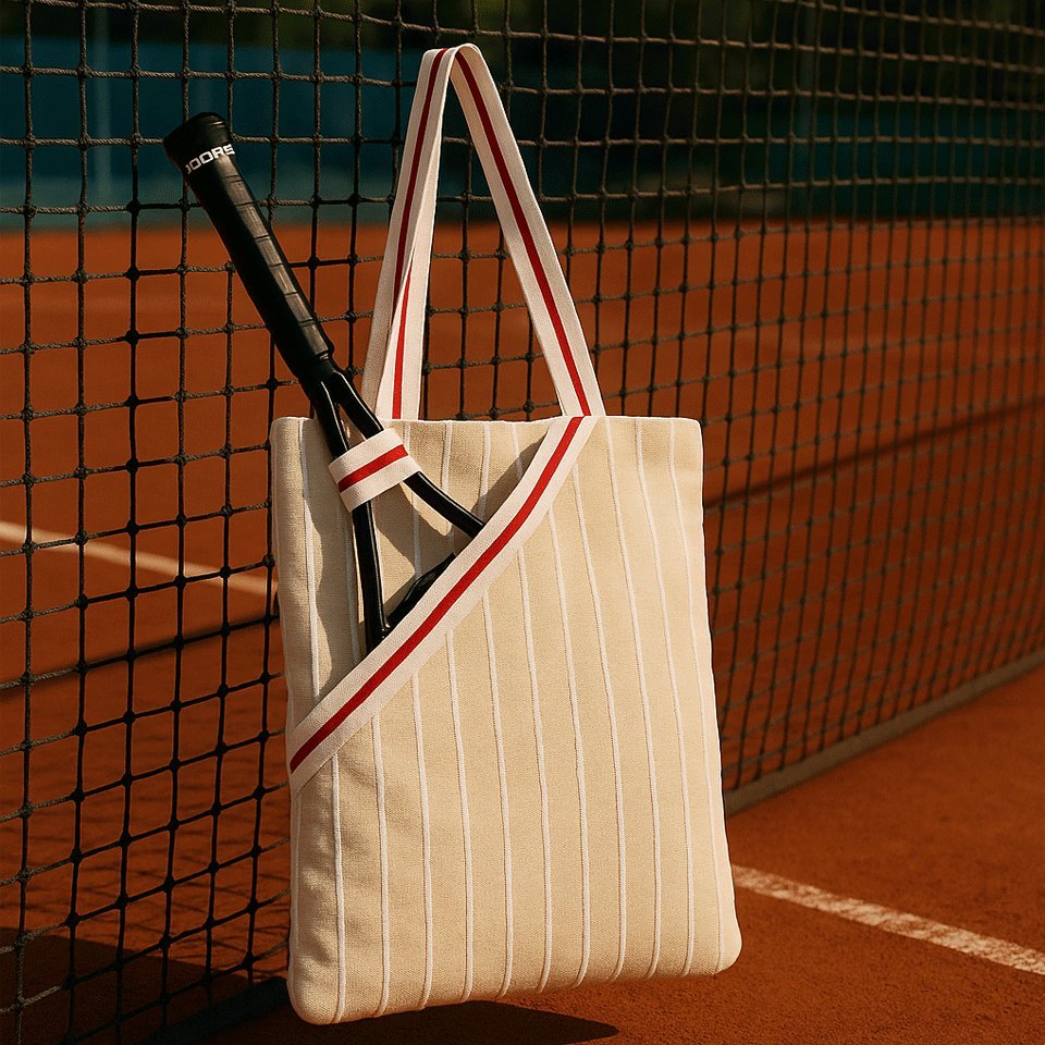 A pinstriped shopper leaning against the net on a clay court, a racket handle out of the top