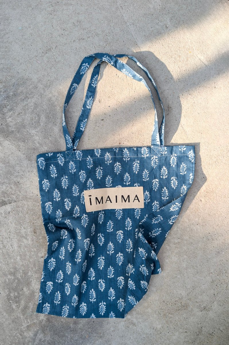 A tote bag made of leftover block-printed fabric