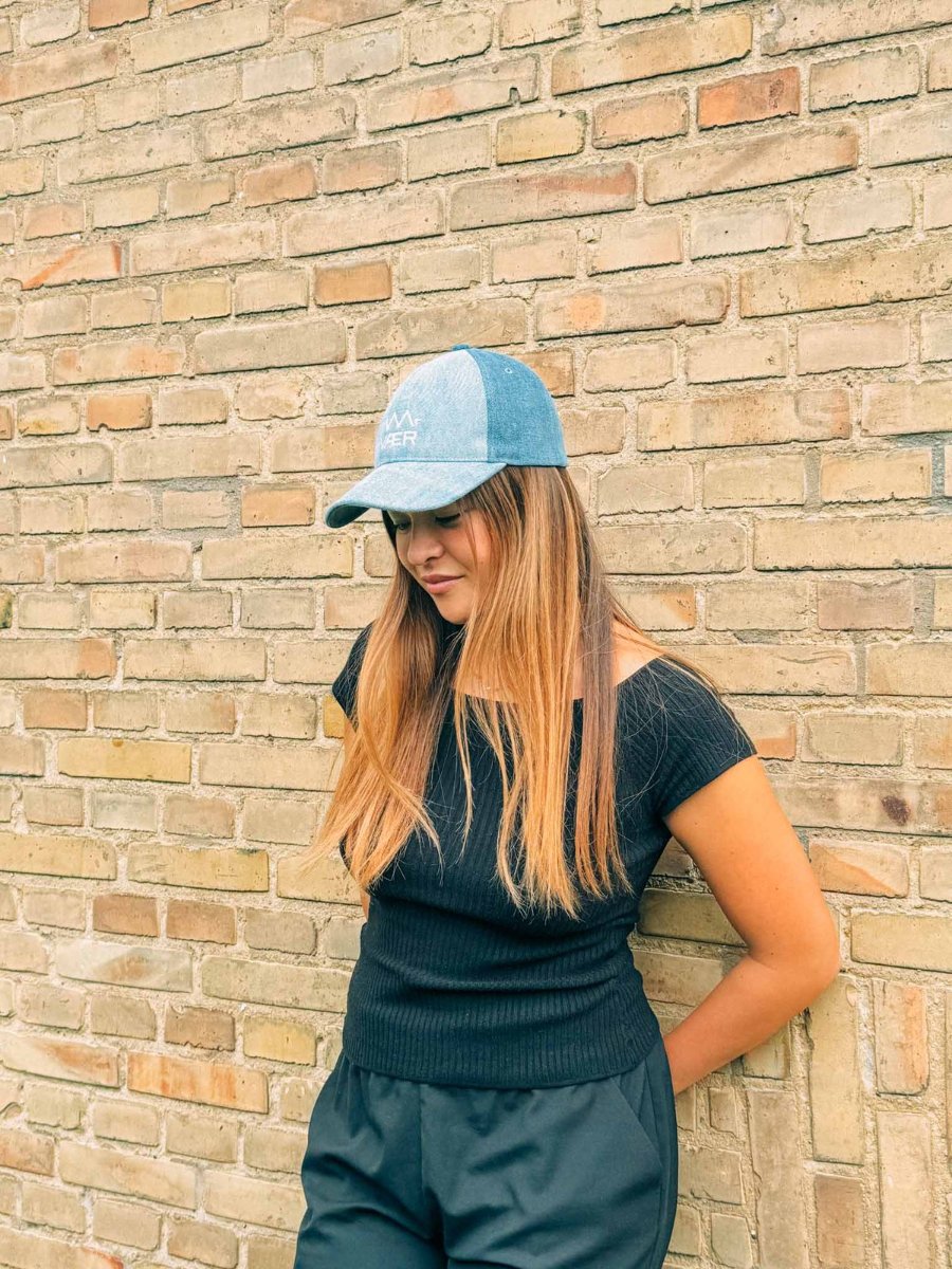 The Whirl cap, sewn from upcycled denim in Bulgaria